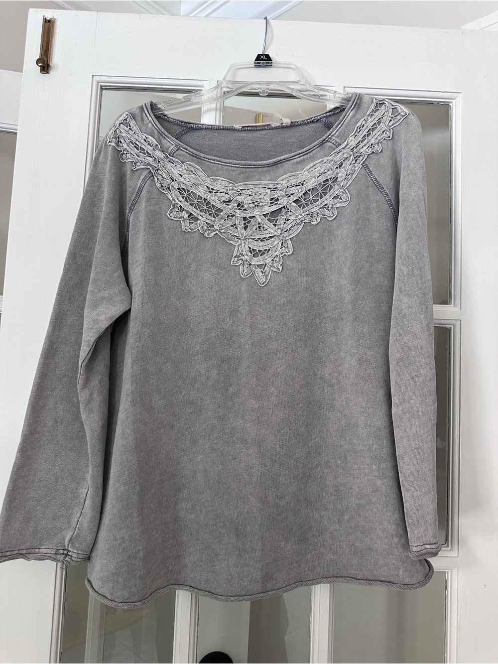 Soft Surroundings Gray Lace-Yoke Long Sleeve Pullover